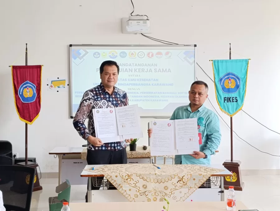 Penandatanganan kerjasama antara Unsika dan KONI Karawang untuk penggunaan laboratorium olahraga Unsika di Kampus 2 Unsika, Kamis (3/7/2025).